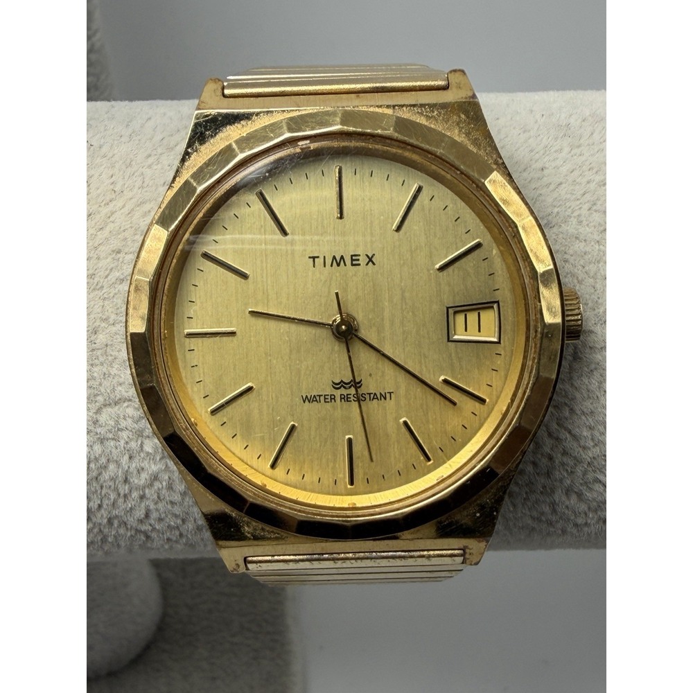 Timex Vintage Manual Wind Working Mens Watch 37MM 6.5" Stretch Band Gold Tone